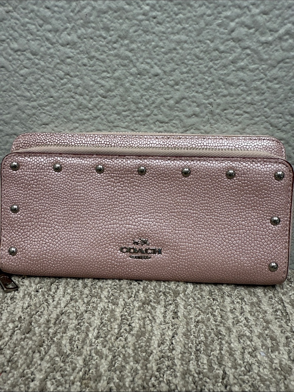 Coach Blush Pebbled Leather Double Zip Wallet with Silver Studs